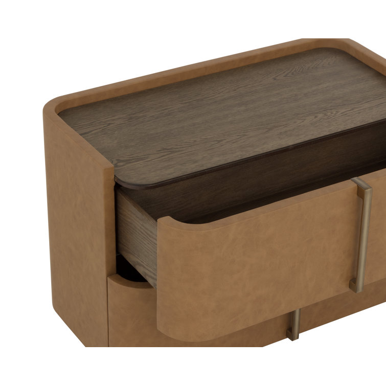 Cream Faux Leather 2-Drawer Nightstand with Oak Veneer Top