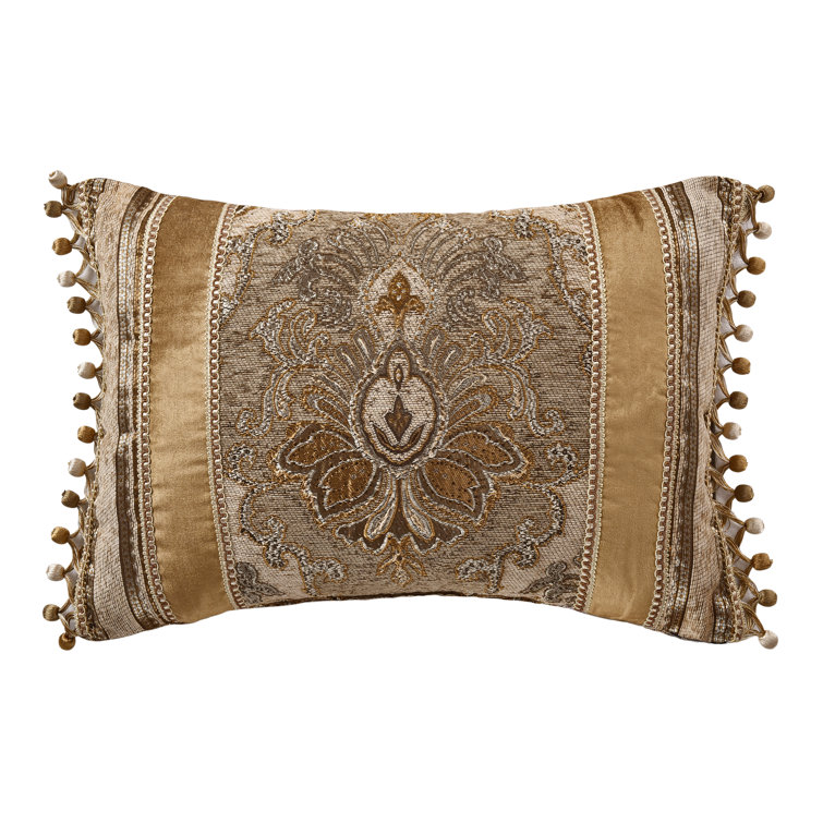 Natural Chenille Damask Boudoir Throw Pillow with Tassel Fringe