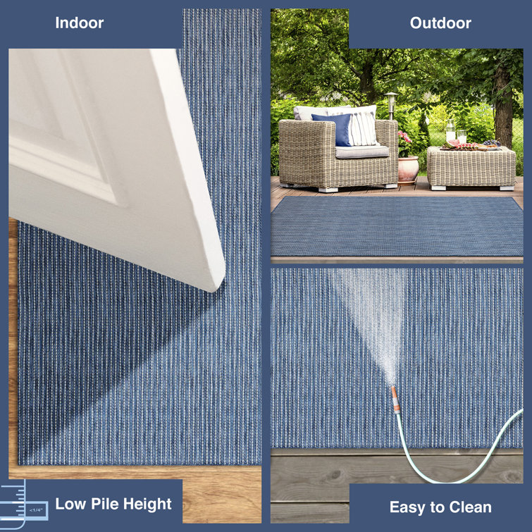 Navy Stripe Flat Woven Synthetic Square Indoor/Outdoor Rug