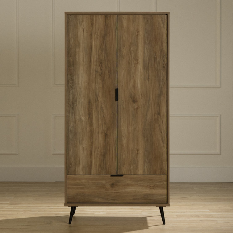 Natural Mango Contemporary Wardrobe Armoire with Mirror and Drawer