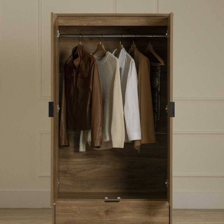 Natural Mango Contemporary Wardrobe Armoire with Mirror and Drawer