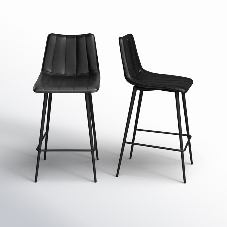 Black Vegan Leather Low Back Counter Stools with Steel Frame, Set of 2