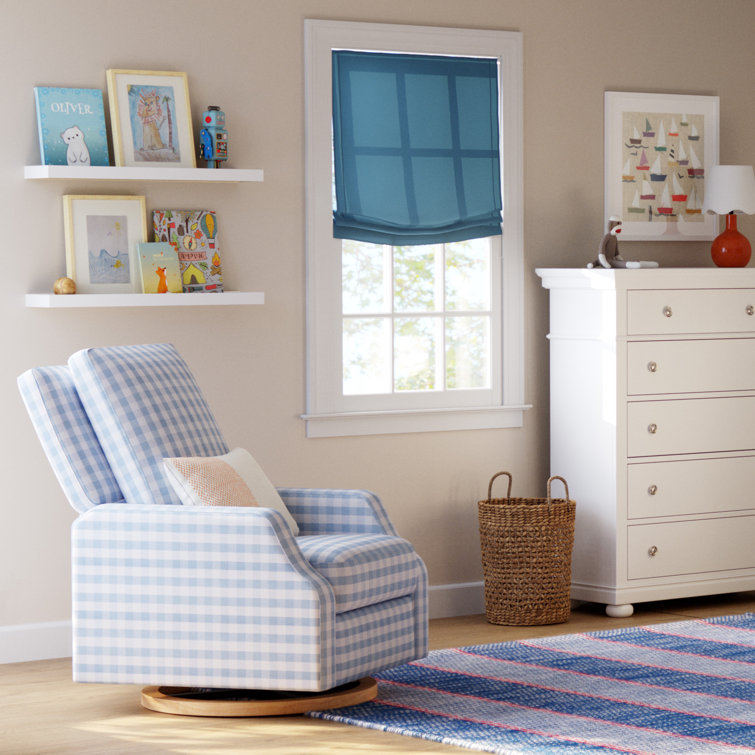 Blue Gingham Velvet Swivel Recliner with Light Wood Base