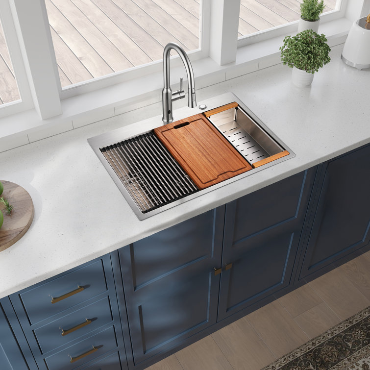 25'' Brushed Nickel Stainless Steel Single Bowl Workstation Sink
