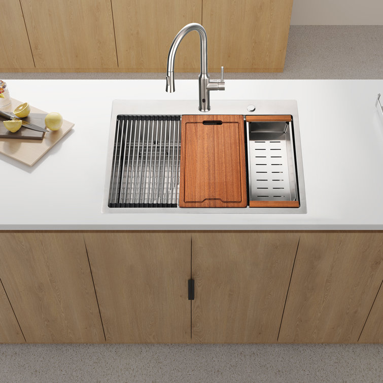 25'' Brushed Nickel Stainless Steel Single Bowl Workstation Sink