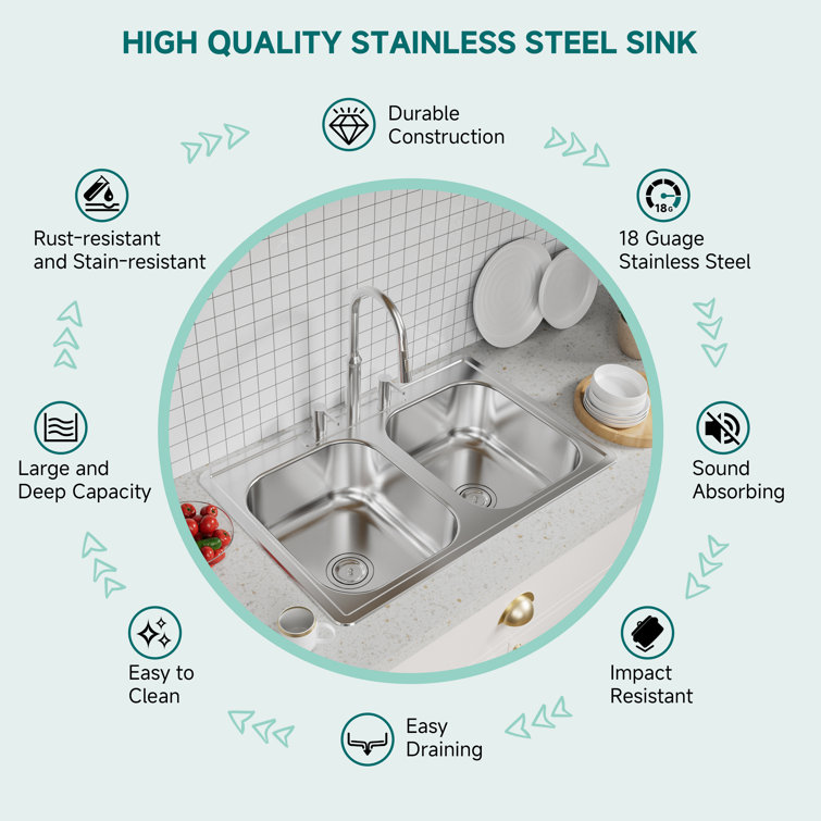 Stainless Steel 33" Double Bowl Drop-In Kitchen Sink