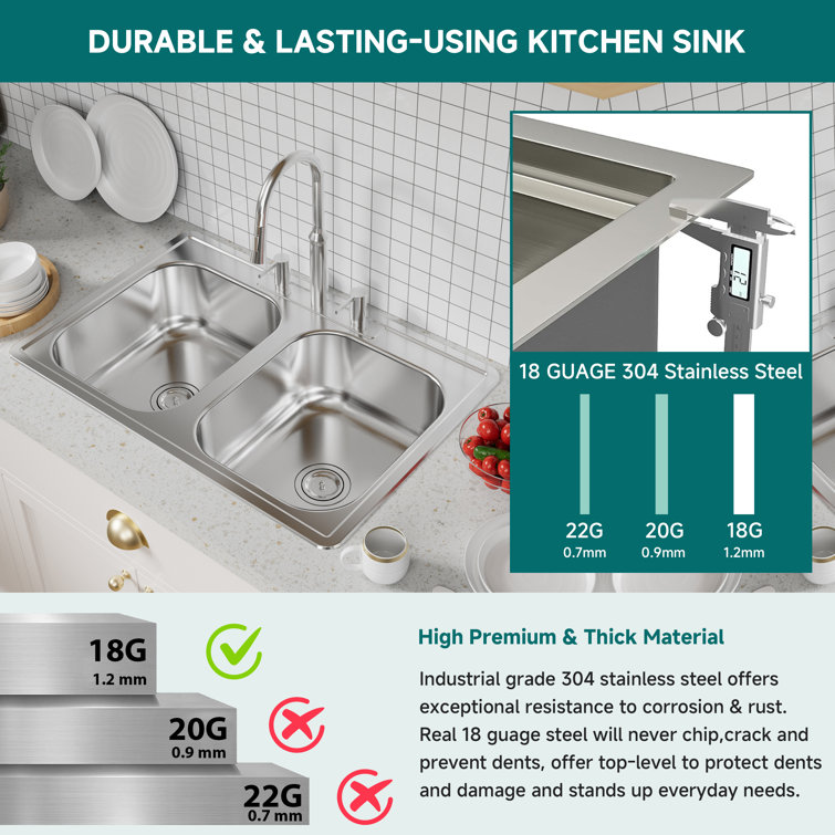 Stainless Steel 33" Double Bowl Drop-In Kitchen Sink