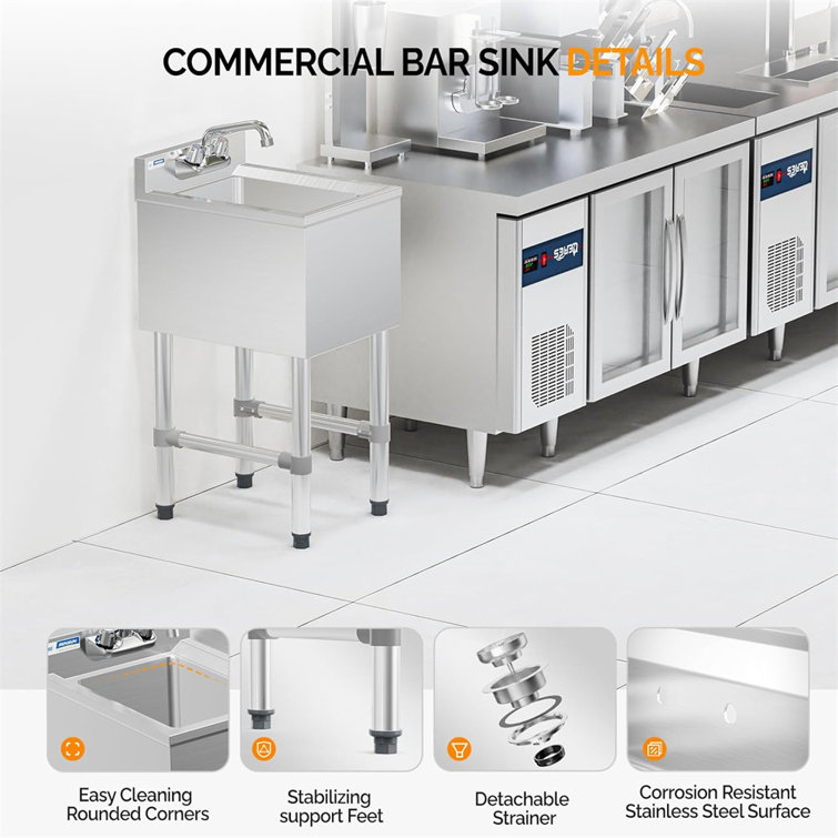 Compact Silver Stainless Steel Freestanding Bar Sink with Left Drainboard