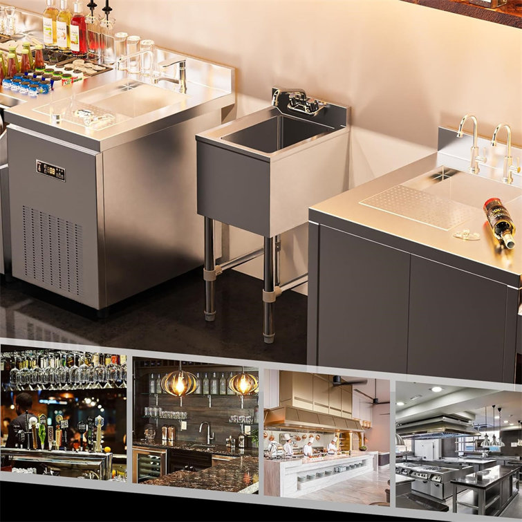Compact Silver Stainless Steel Freestanding Bar Sink with Left Drainboard
