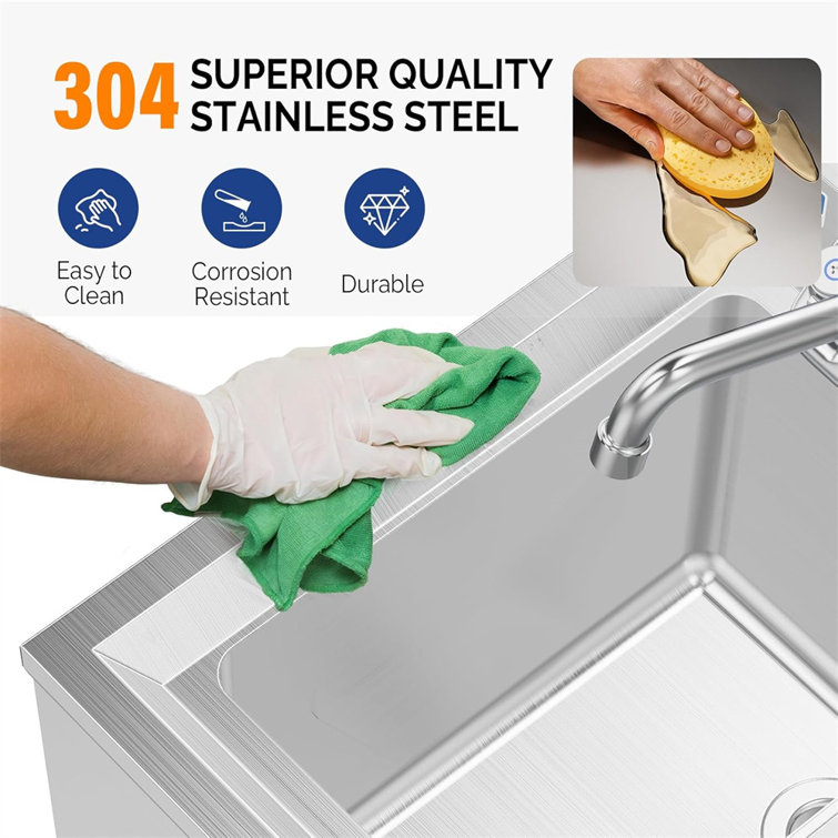 Compact Silver Stainless Steel Freestanding Bar Sink with Left Drainboard