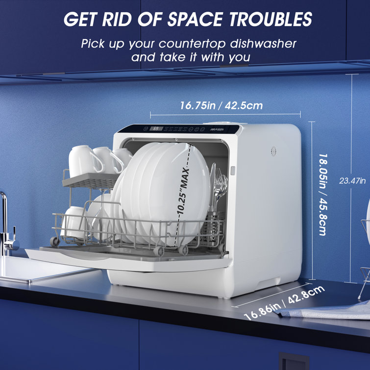 Compact White and Black Portable Countertop Dishwasher with Built-in Water Tank