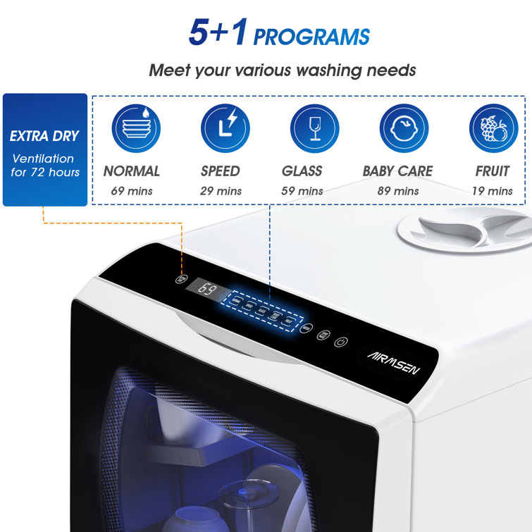 Compact White and Black Portable Countertop Dishwasher with Built-in Water Tank