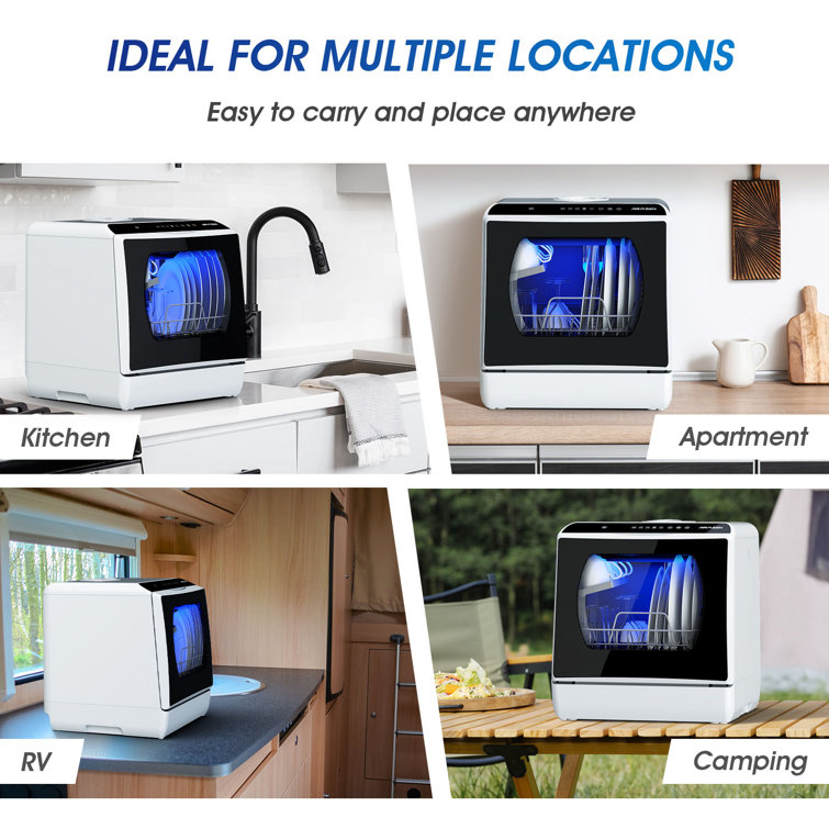 Compact White and Black Portable Countertop Dishwasher with Built-in Water Tank