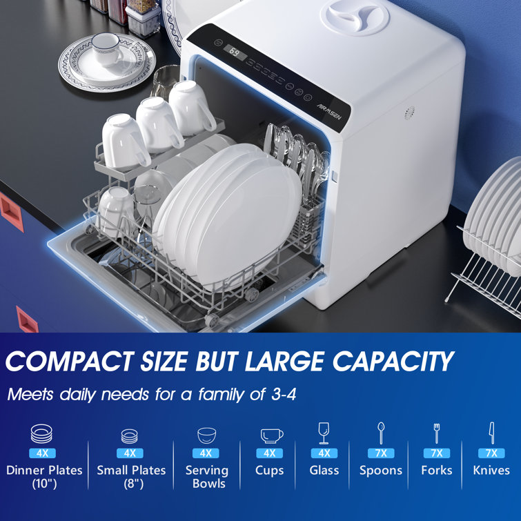 Compact White and Black Portable Countertop Dishwasher with Built-in Water Tank