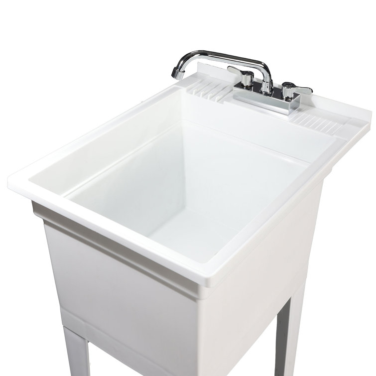 18-Inch White Plastic Freestanding Utility Sink with Stainless Steel Faucet