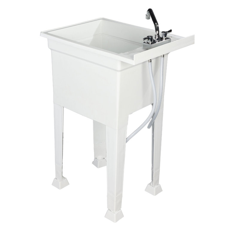 18-Inch White Plastic Freestanding Utility Sink with Stainless Steel Faucet