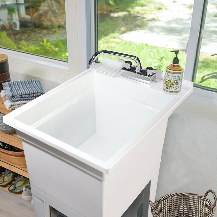 18-Inch White Plastic Freestanding Utility Sink with Stainless Steel Faucet