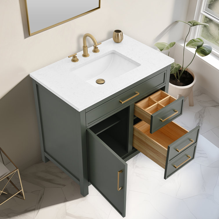 Vintage Green Solid Wood Freestanding Vanity with Carrara White Top