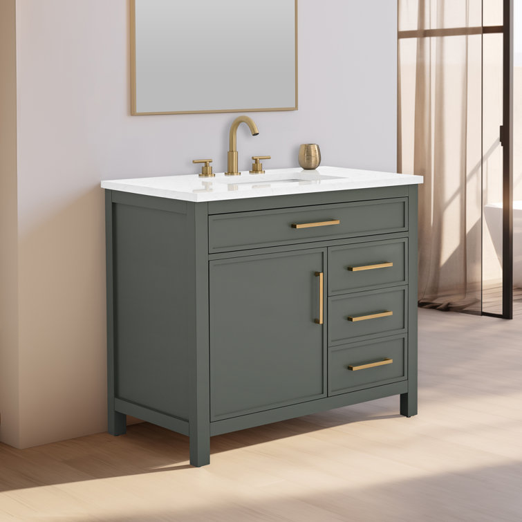 Vintage Green Solid Wood Freestanding Vanity with Carrara White Top