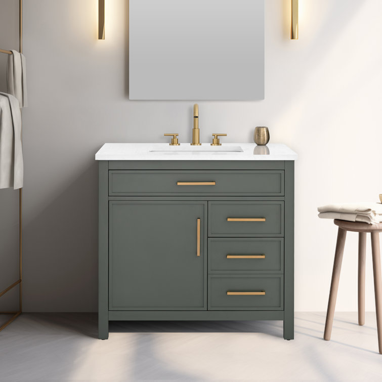 Vintage Green Solid Wood Freestanding Vanity with Carrara White Top