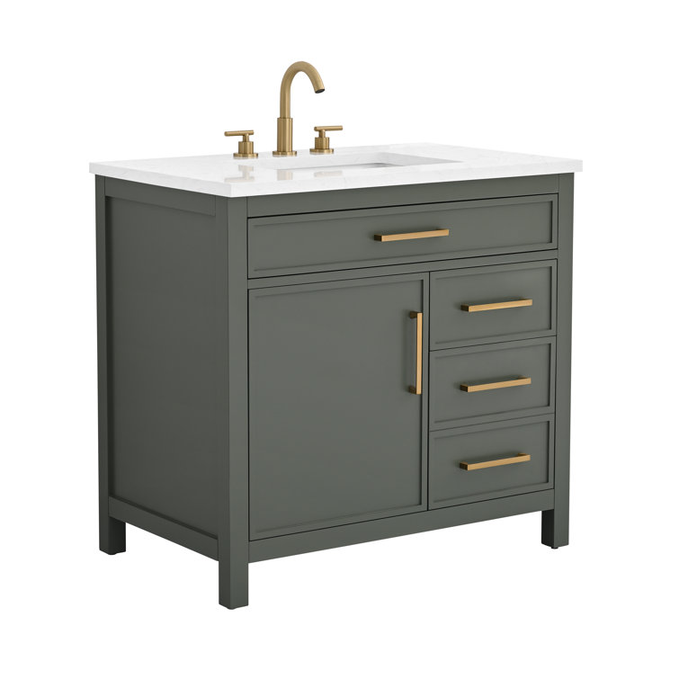 Vintage Green Solid Wood Freestanding Vanity with Carrara White Top
