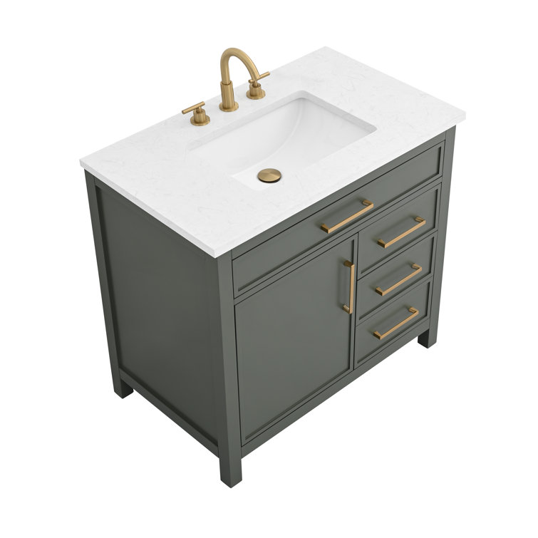 Vintage Green Solid Wood Freestanding Vanity with Carrara White Top