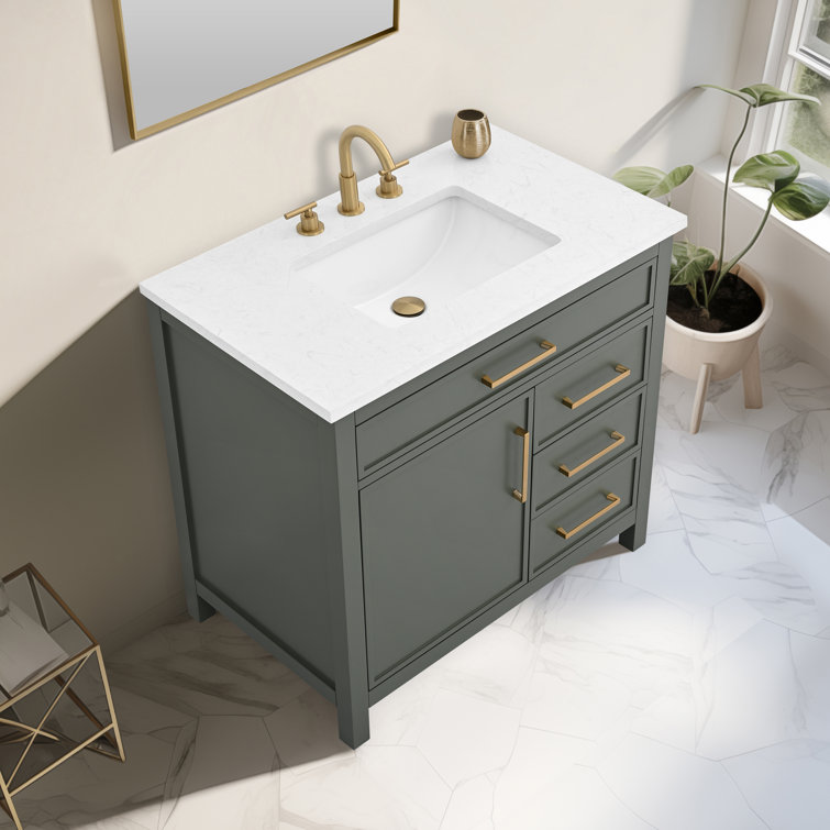 Vintage Green Solid Wood Freestanding Vanity with Carrara White Top