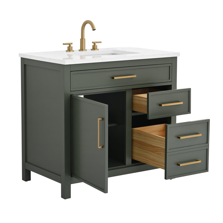 Vintage Green Solid Wood Freestanding Vanity with Carrara White Top