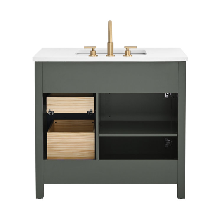 Vintage Green Solid Wood Freestanding Vanity with Carrara White Top