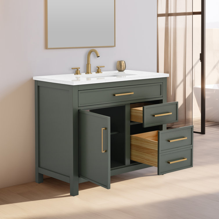 Vintage Green Solid Wood Freestanding Vanity with Carrara White Top
