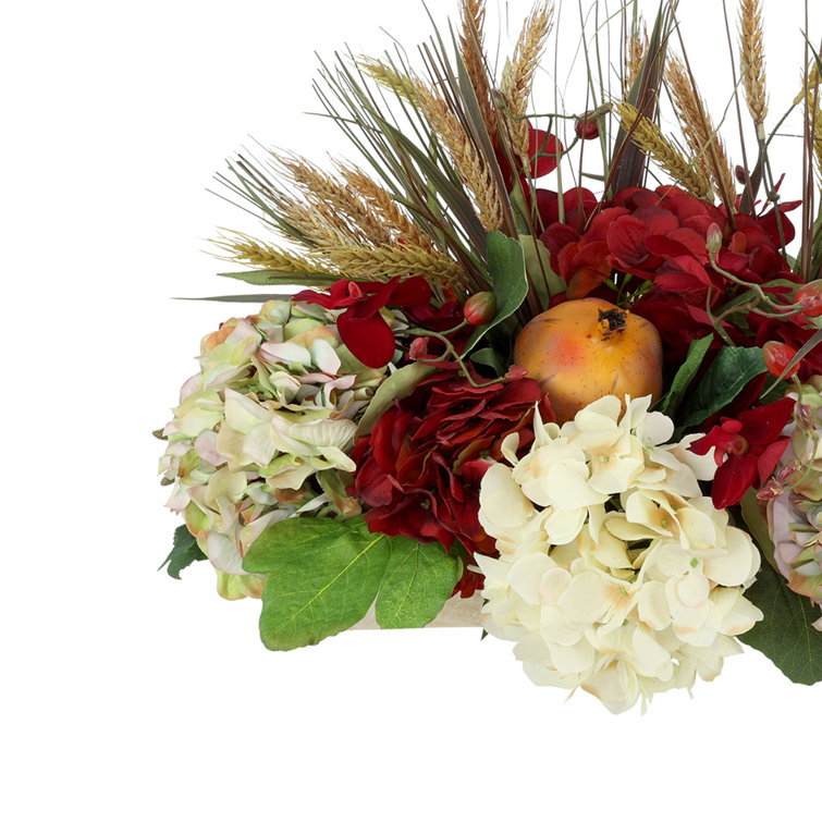 Fall Floral Centerpiece with Red Velvet Orchids and Hydrangeas