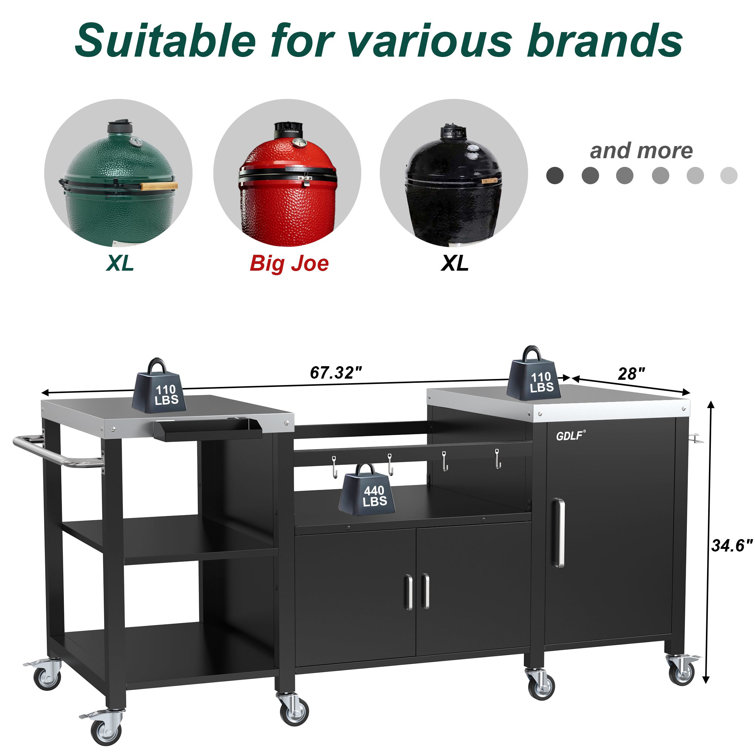 Heavy Duty Black Steel Outdoor Grill Table with Storage