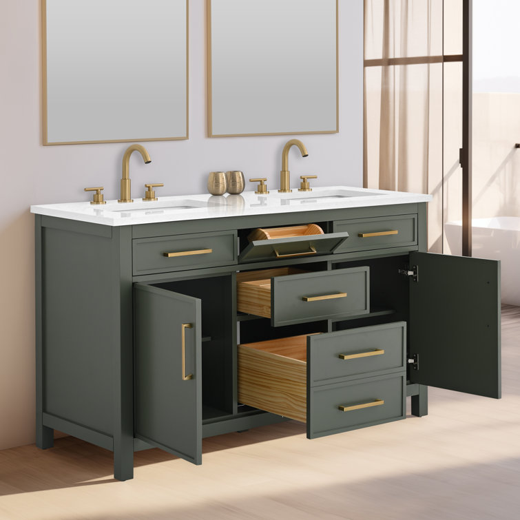 Vintage Green Double Vanity with Carrara White Top and Gold Hardware