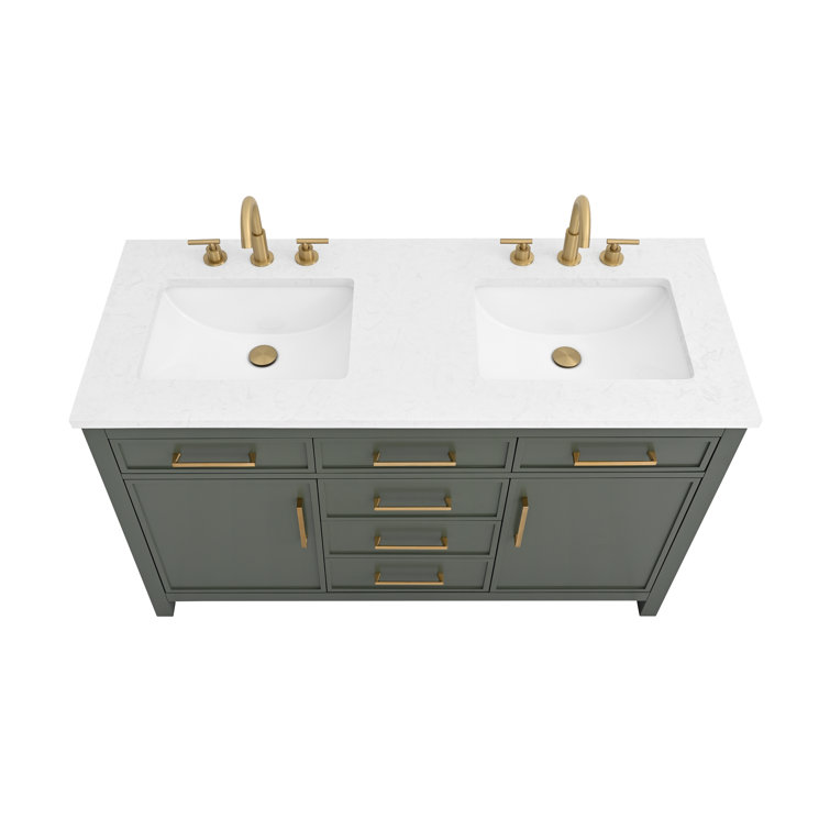 Vintage Green Double Vanity with Carrara White Top and Gold Hardware