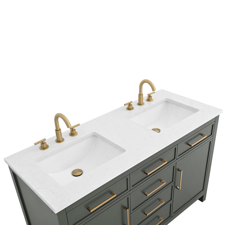 Vintage Green Double Vanity with Carrara White Top and Gold Hardware