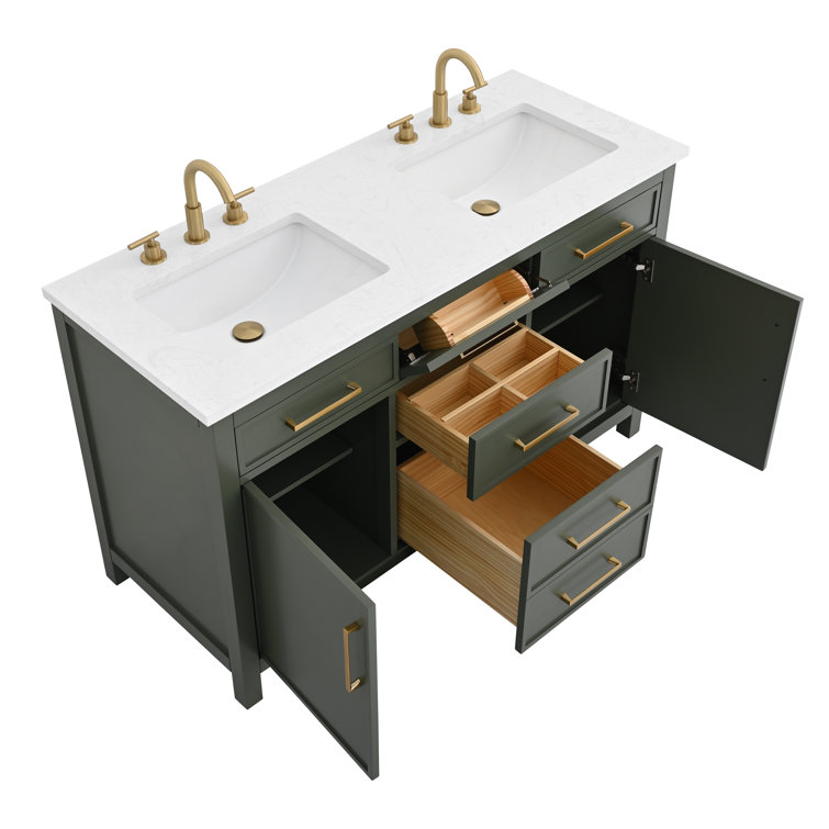 Vintage Green Double Vanity with Carrara White Top and Gold Hardware