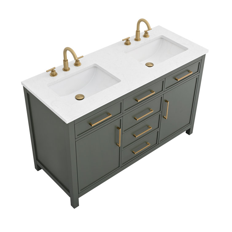 Vintage Green Double Vanity with Carrara White Top and Gold Hardware