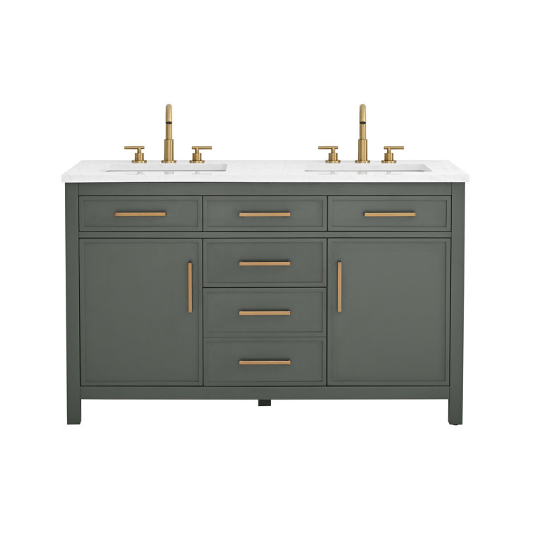 Vintage Green Double Vanity with Carrara White Top and Gold Hardware