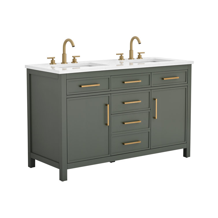 Vintage Green Double Vanity with Carrara White Top and Gold Hardware