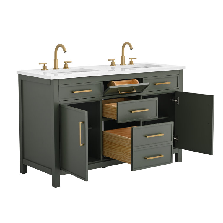 Vintage Green Double Vanity with Carrara White Top and Gold Hardware