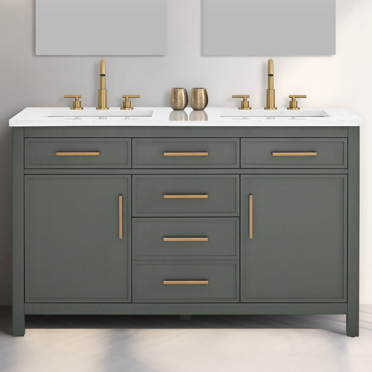 Vintage Green Double Vanity with Carrara White Top and Gold Hardware