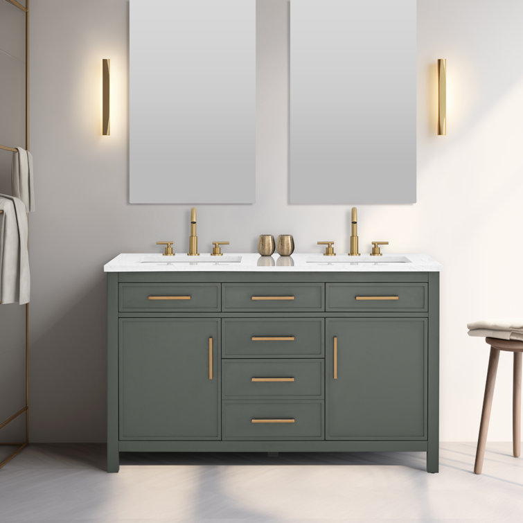 Vintage Green Double Vanity with Carrara White Top and Gold Hardware