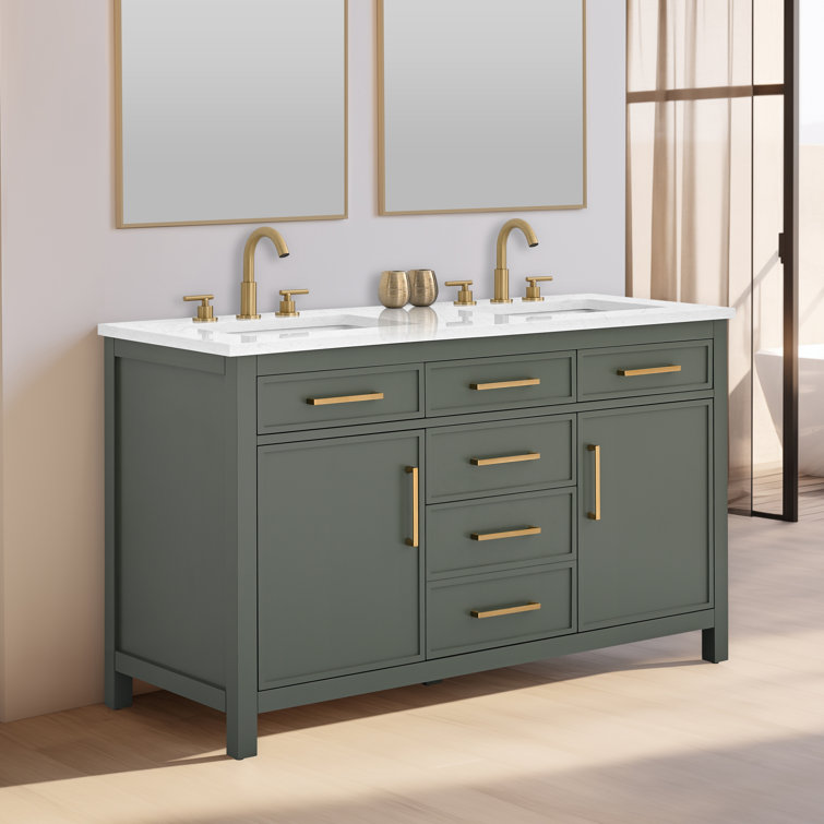 Vintage Green Double Vanity with Carrara White Top and Gold Hardware
