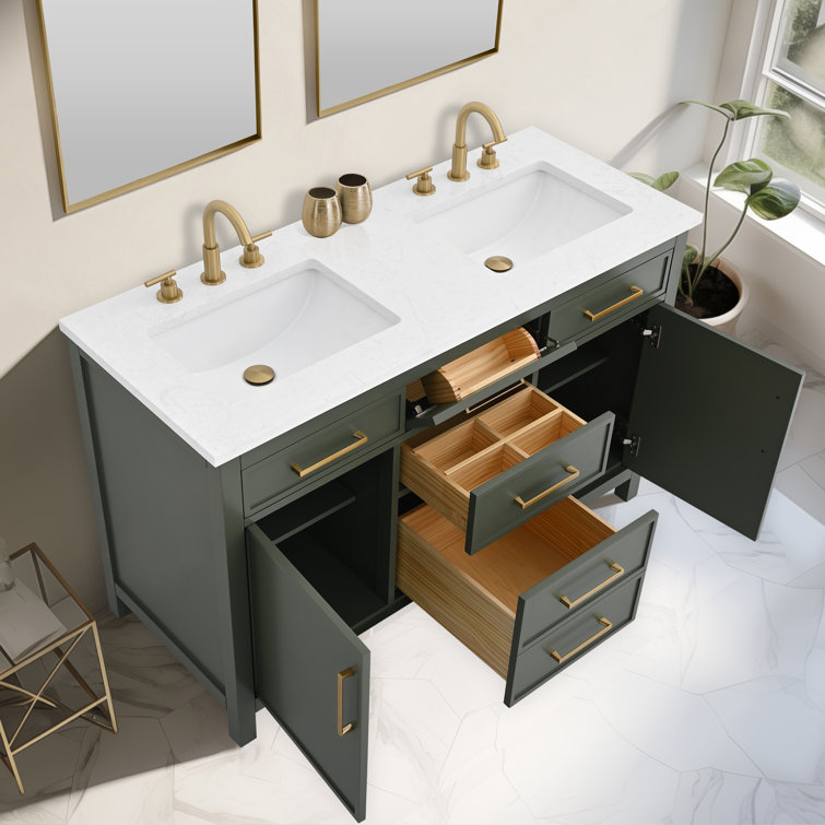 Vintage Green Double Vanity with Carrara White Top and Gold Hardware