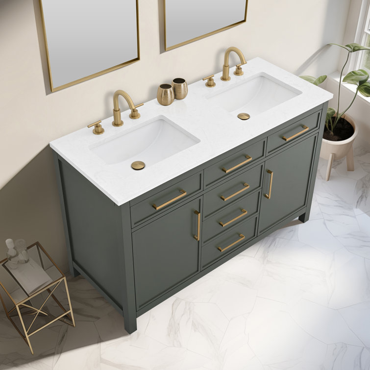 Vintage Green Double Vanity with Carrara White Top and Gold Hardware