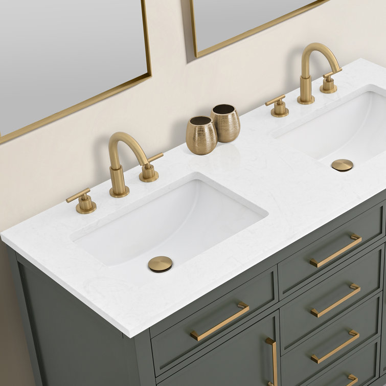 Vintage Green Double Vanity with Carrara White Top and Gold Hardware