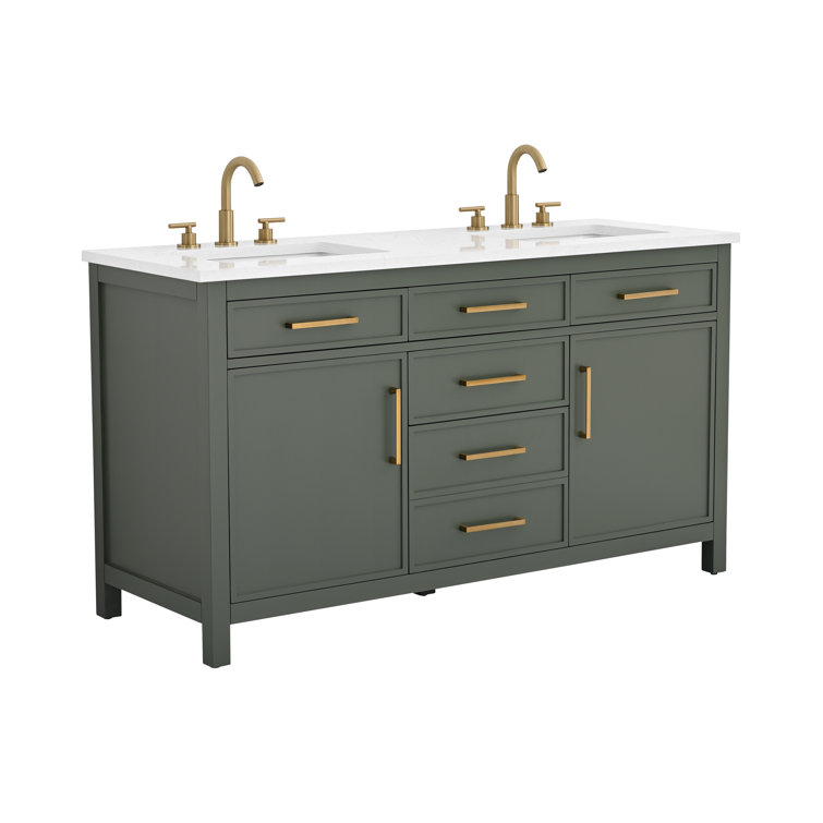 Vintage Green Solid Wood Double Vanity with Carrara White Top