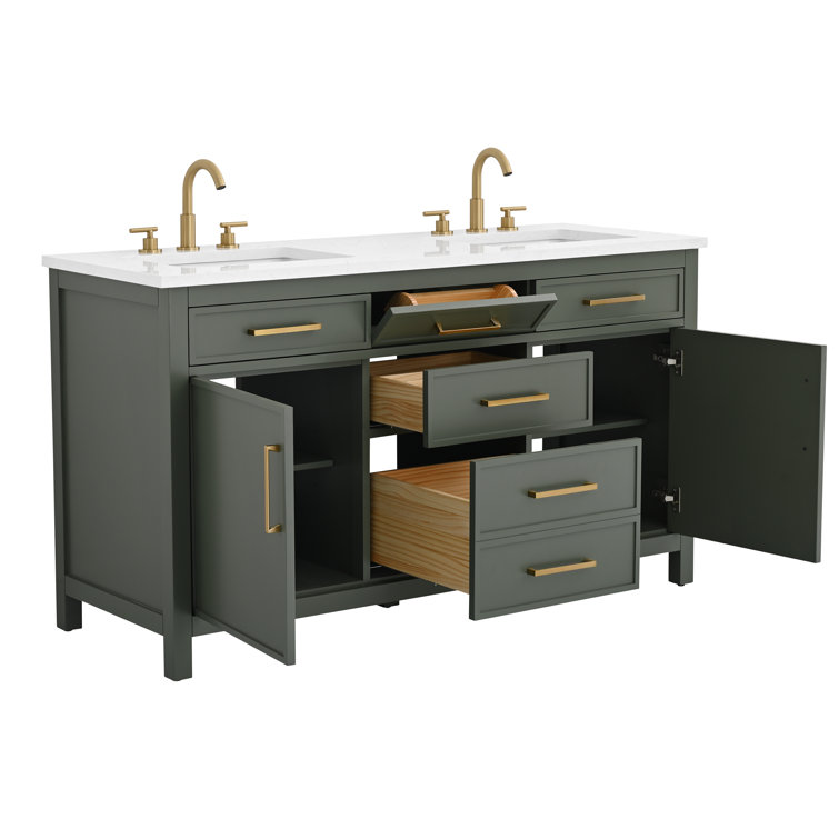 Vintage Green Solid Wood Double Vanity with Carrara White Top