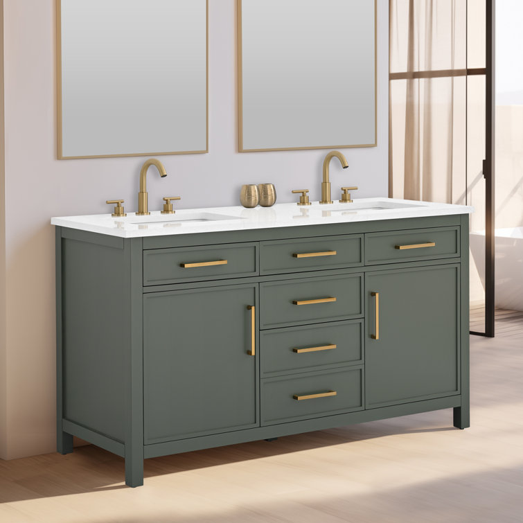 Vintage Green Solid Wood Double Vanity with Carrara White Top