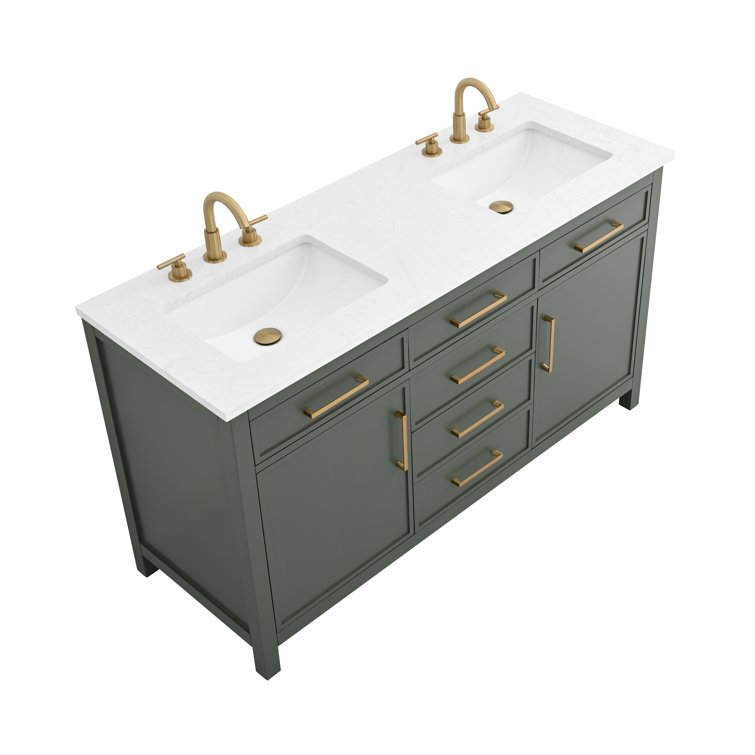 Vintage Green Solid Wood Double Vanity with Carrara White Top